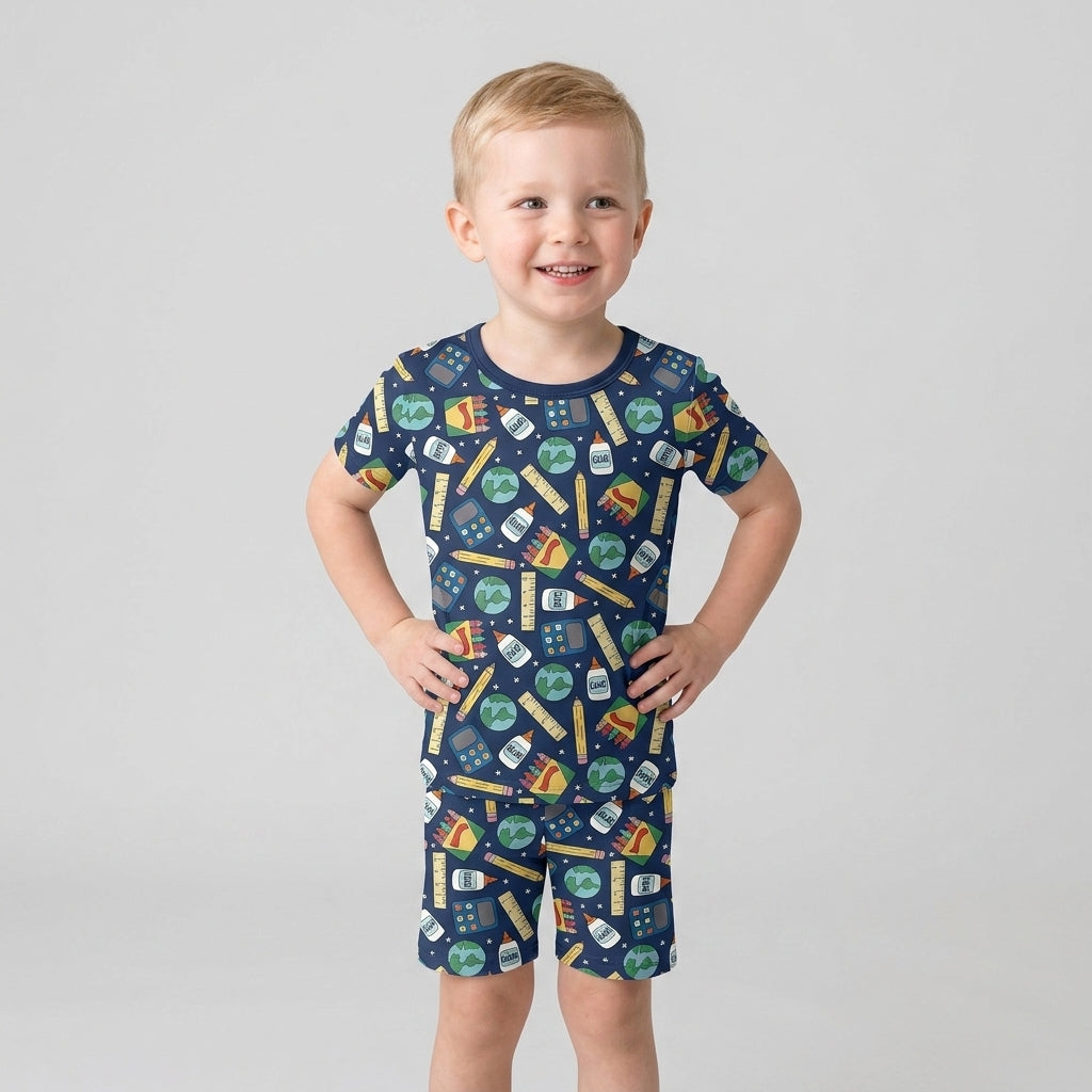 School Supply Bamboo Two Piece Short Sleeve Shorts Pajama Set