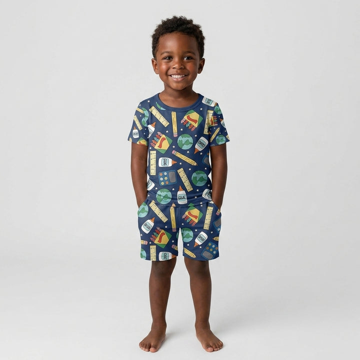 School Supply Bamboo Two Piece Short Sleeve Shorts Pajama Set