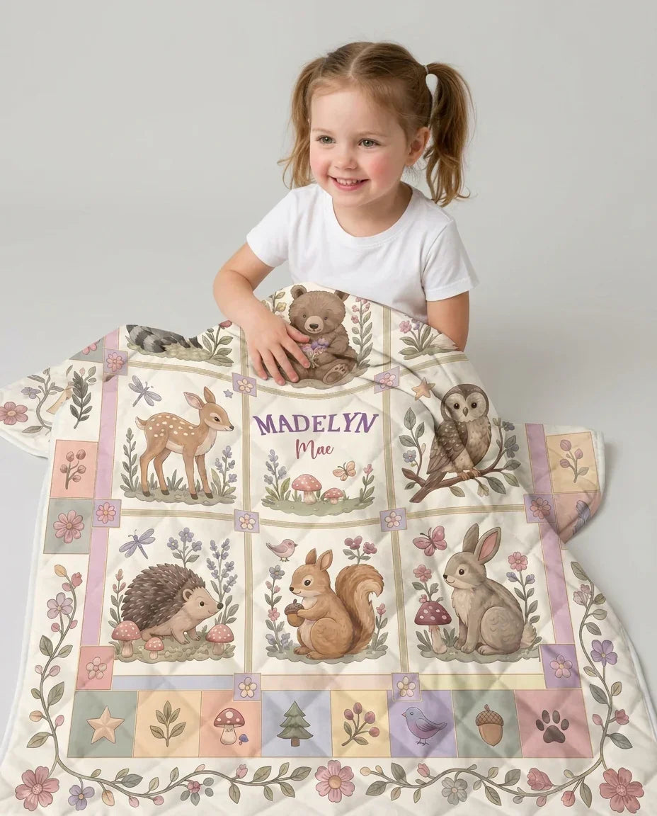 Custom Name Woodland Animal Bamboo Quilt Blanket