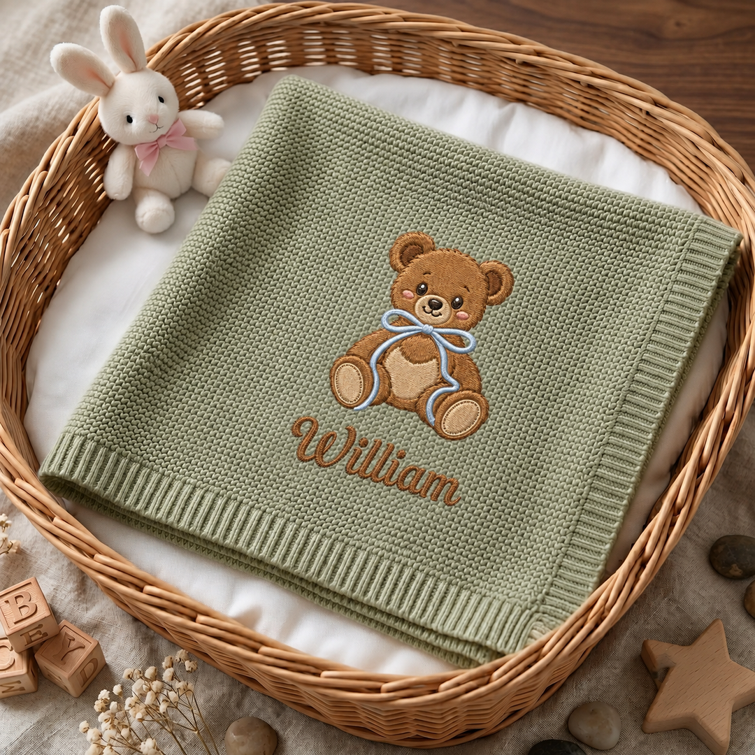 Honey Bear Embroidered Baby Cotton Blanket