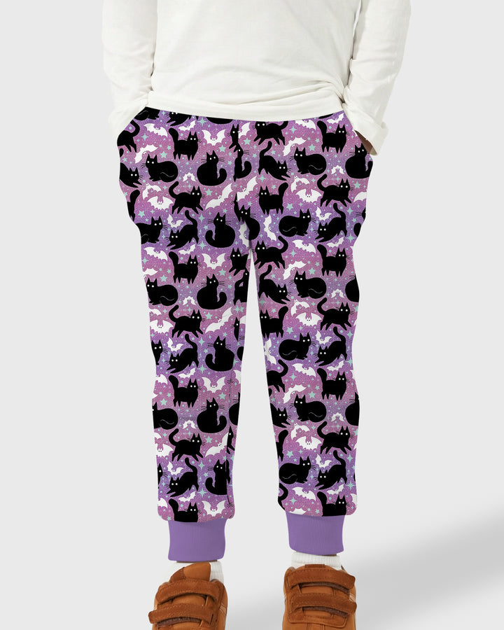 Spooky Black Cat Halloween Purple Bats Bamboo Jogger