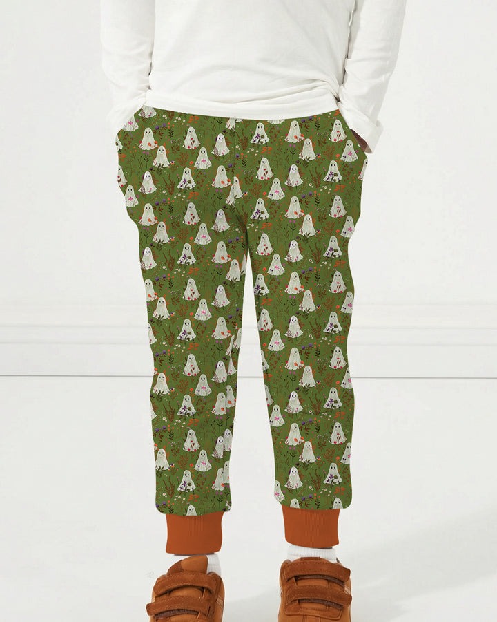 Cute Ghost Halloween Moss Green Floral Bamboo Jogger
