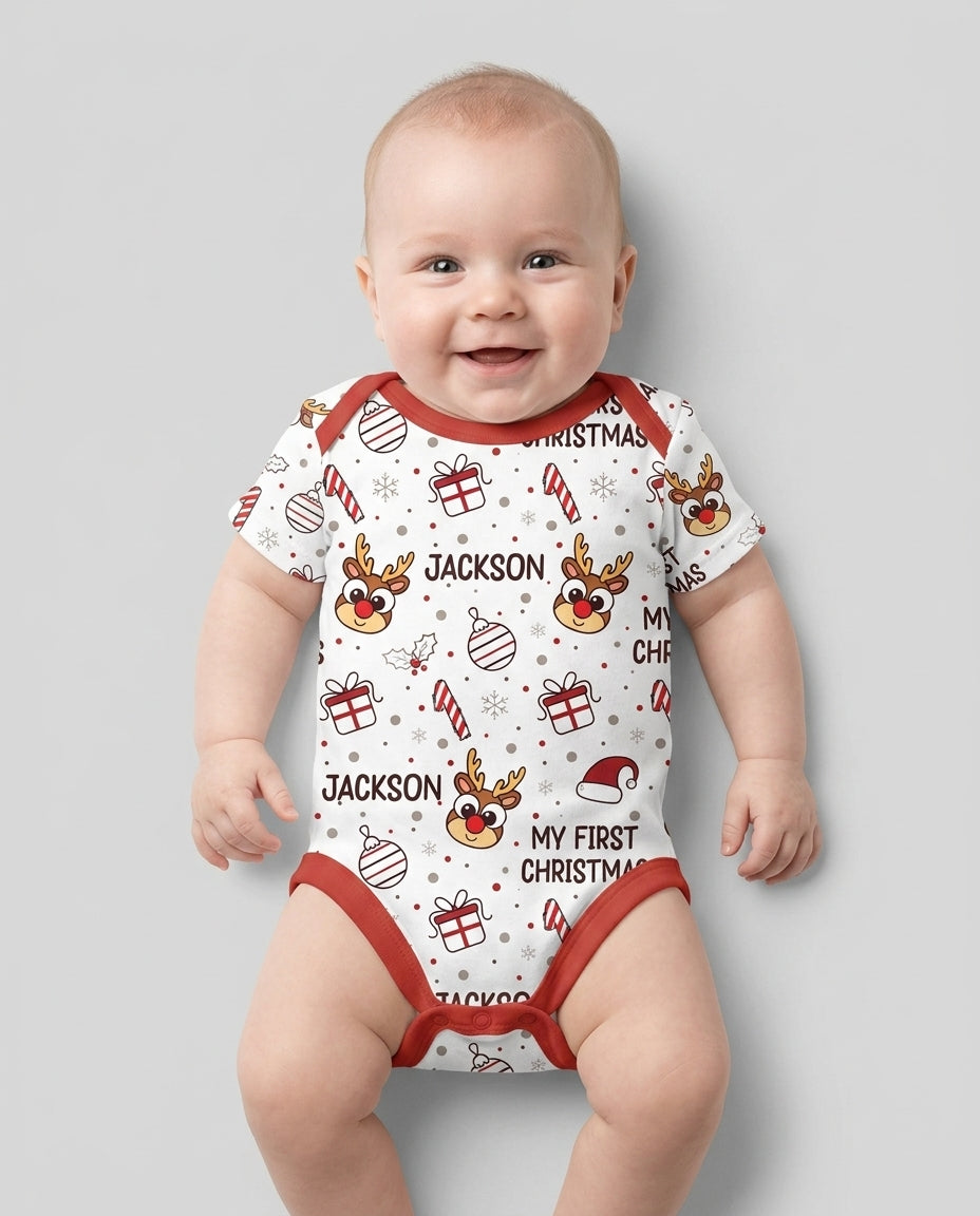 Custom Name Reindeer Doodle My First Christmas Bamboo Bodysuit