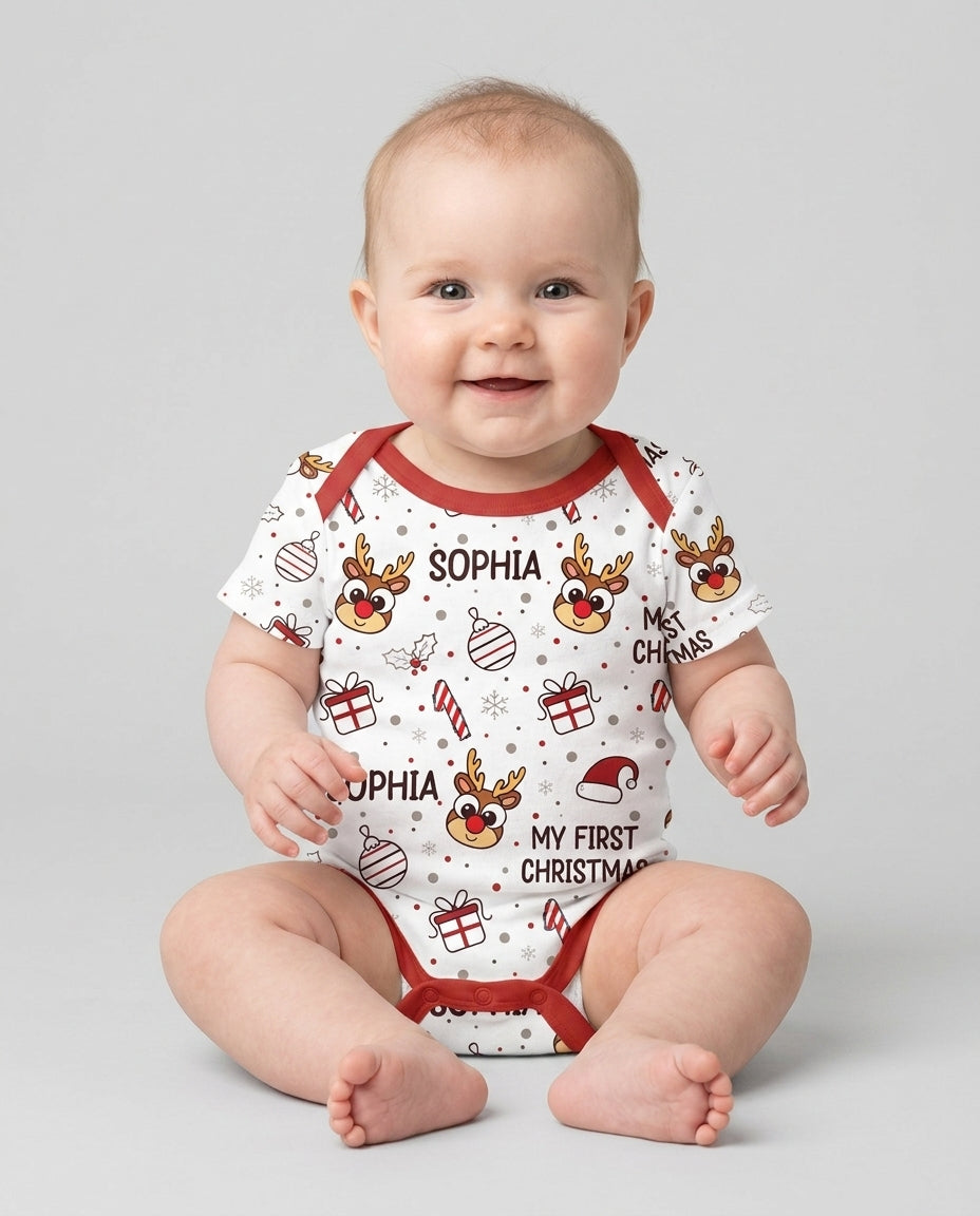 Custom Name Reindeer Doodle My First Christmas Bamboo Bodysuit