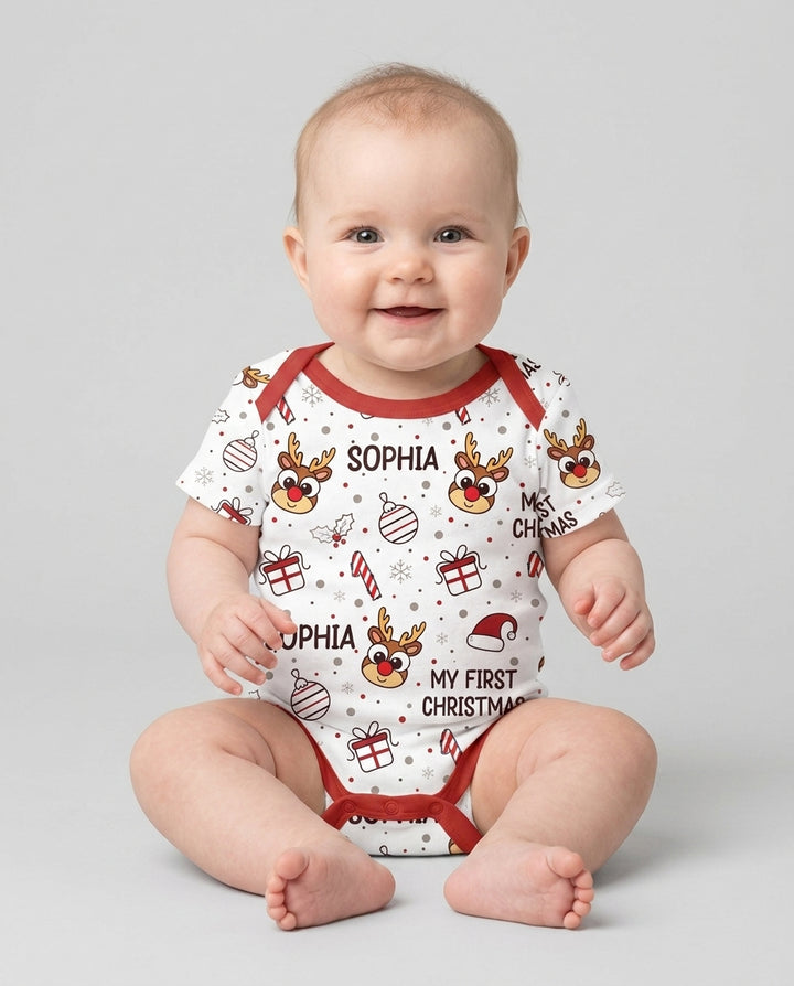 Custom Name Reindeer Doodle My First Christmas Bamboo Bodysuit