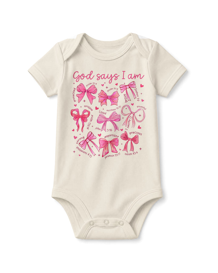God Says I Am Scripture Baby Girl Bamboo Bodysuit