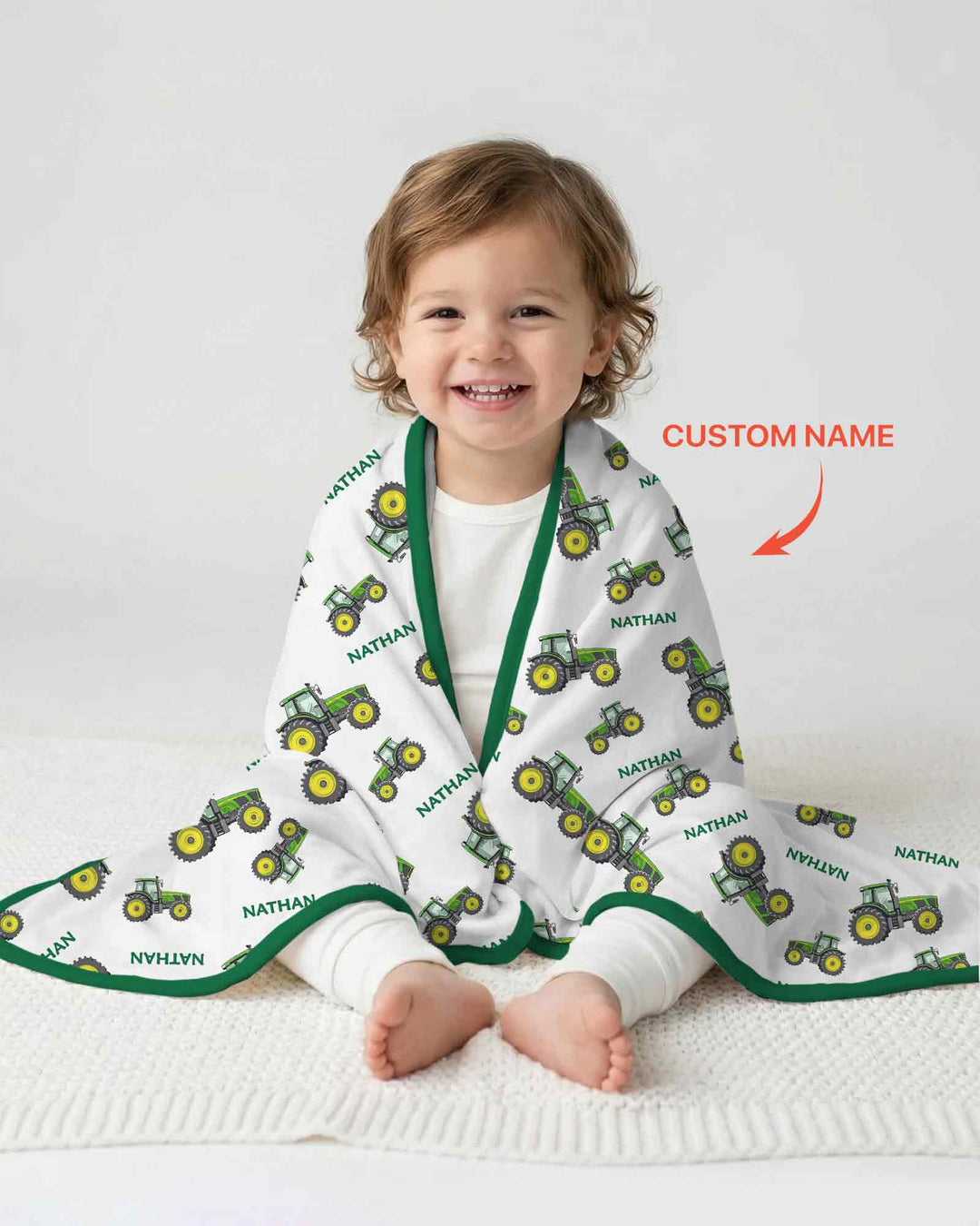 Custom Name Green Tractors Matching Daddy & Me Bamboo Blanket
