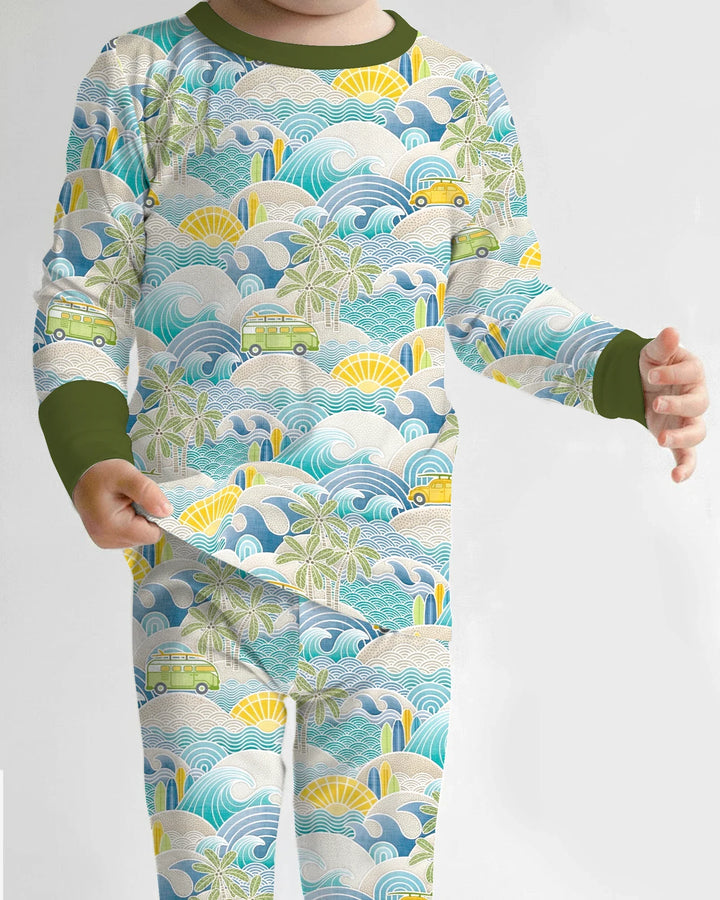 Coastal Road Trip Waves Surf Bamboo Two Piece Long Sleeve Pajama Set