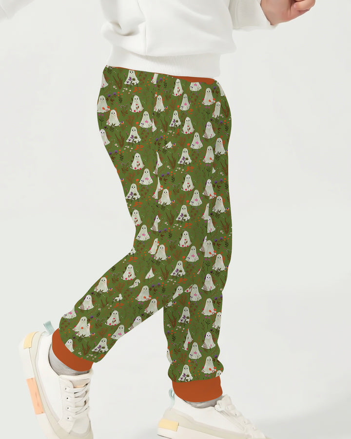 Cute Ghost Halloween Moss Green Floral Bamboo Jogger