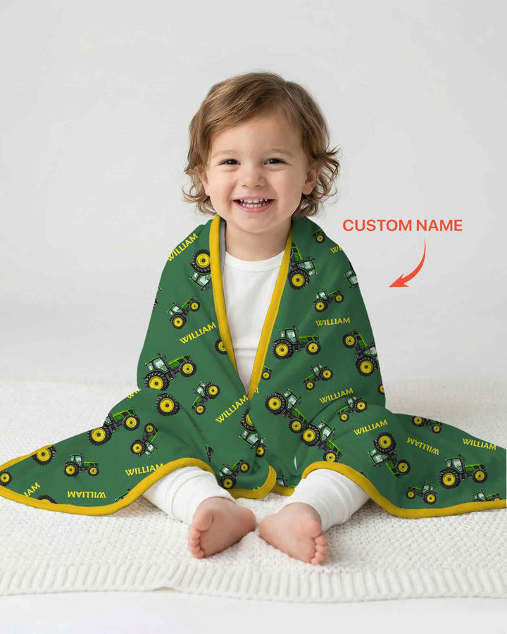 Custom Name Green Tractors Matching Daddy & Me Bamboo Blanket