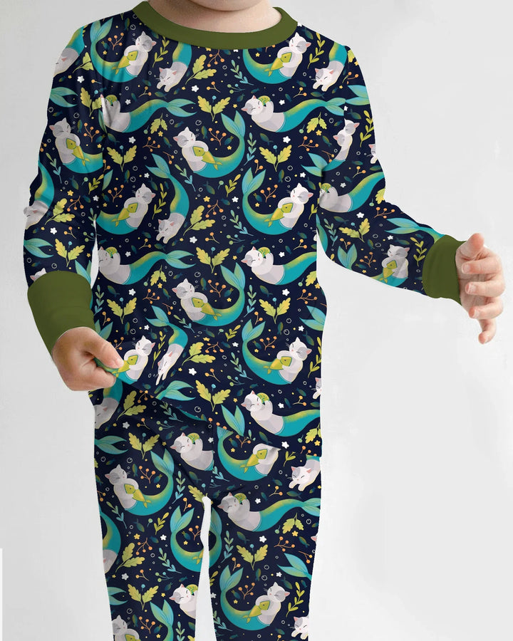 Midnight Mermaid Cats Bamboo Two Piece Long Sleeve Pajama Set