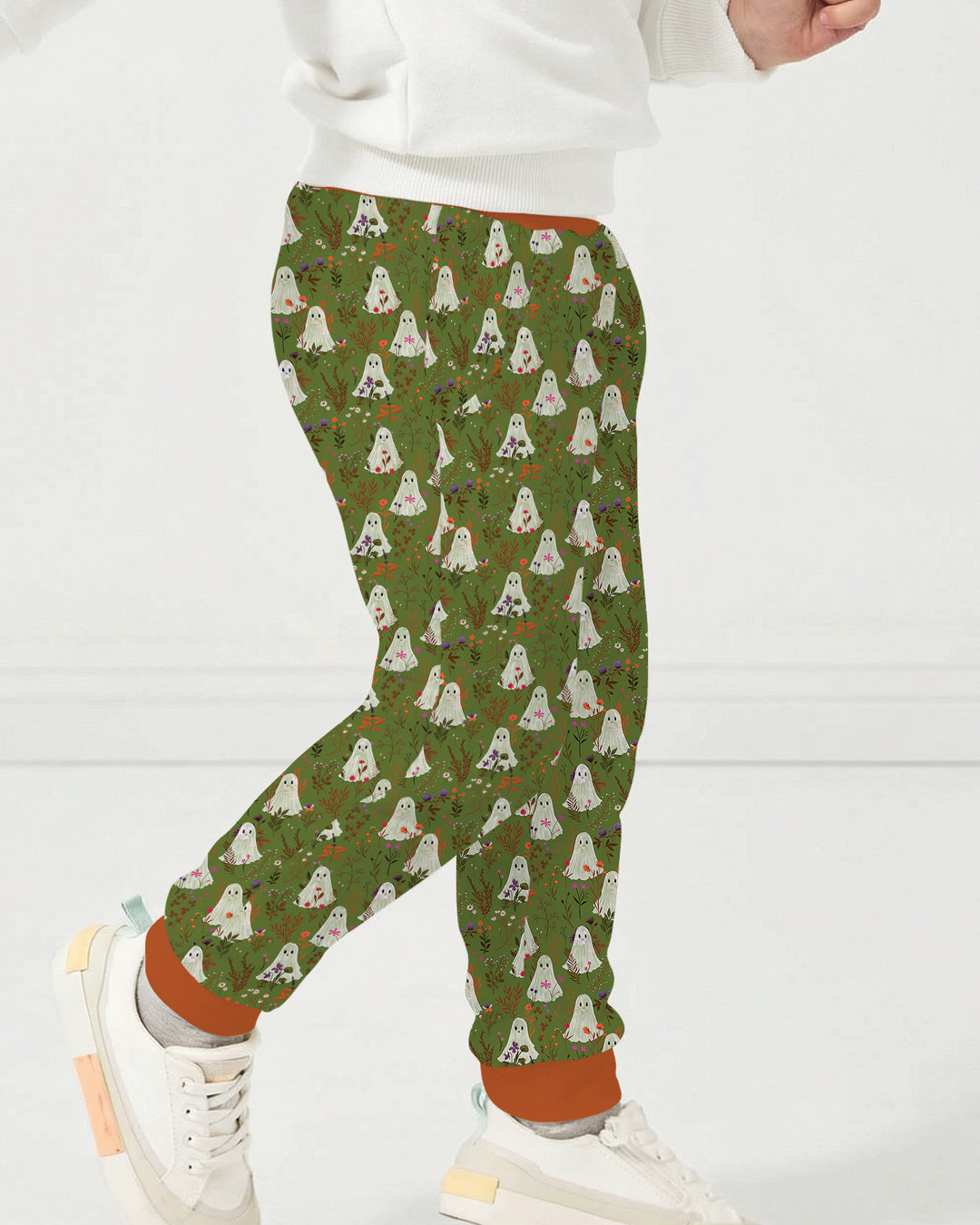 Cute Ghost Halloween Moss Green Floral Bamboo Jogger