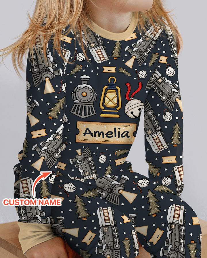 Custom Name Believe Kid Train Bamboo Two Piece Long Sleeve Pajama Set
