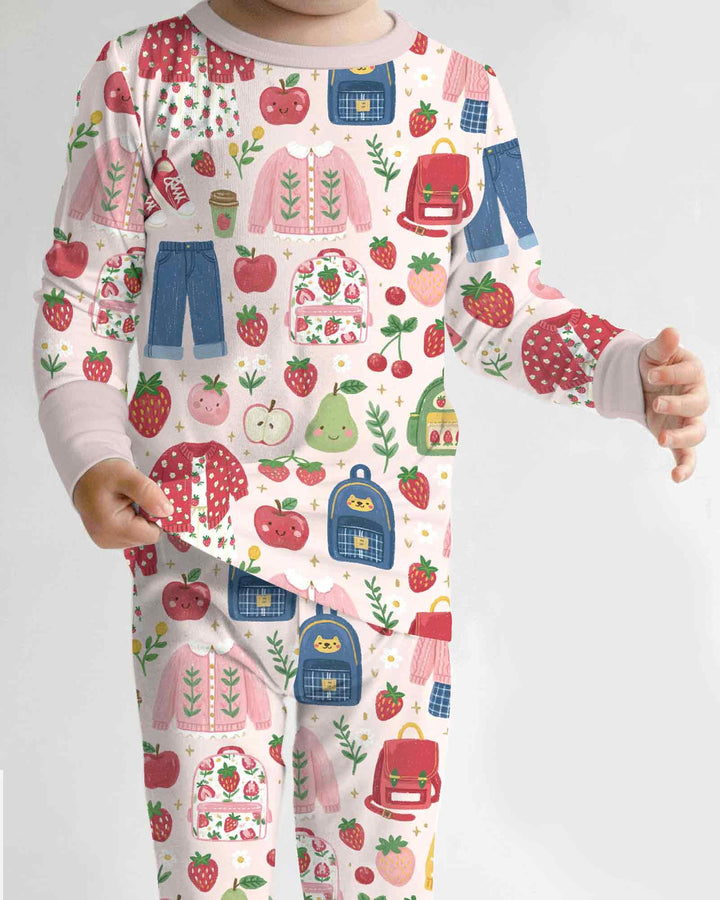 Strawberry School Style Bamboo Two Piece Long Sleeve Pajama Set