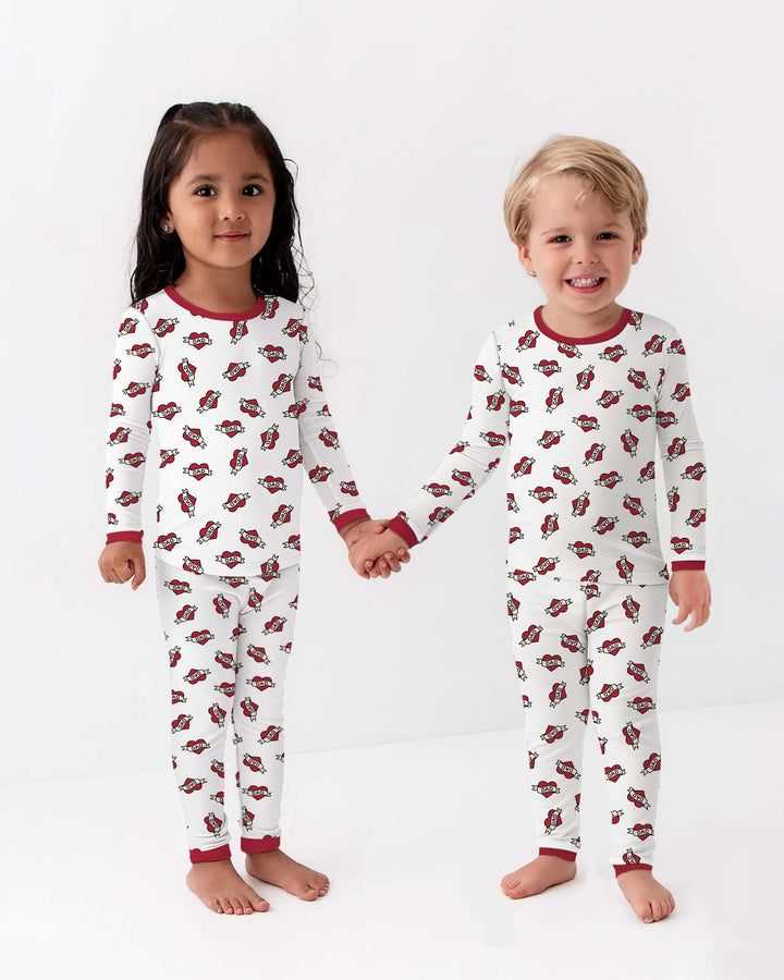 Old School Dad Hearts Daddy & Me Matching Bamboo Two Piece Long Sleeve Pajama Set