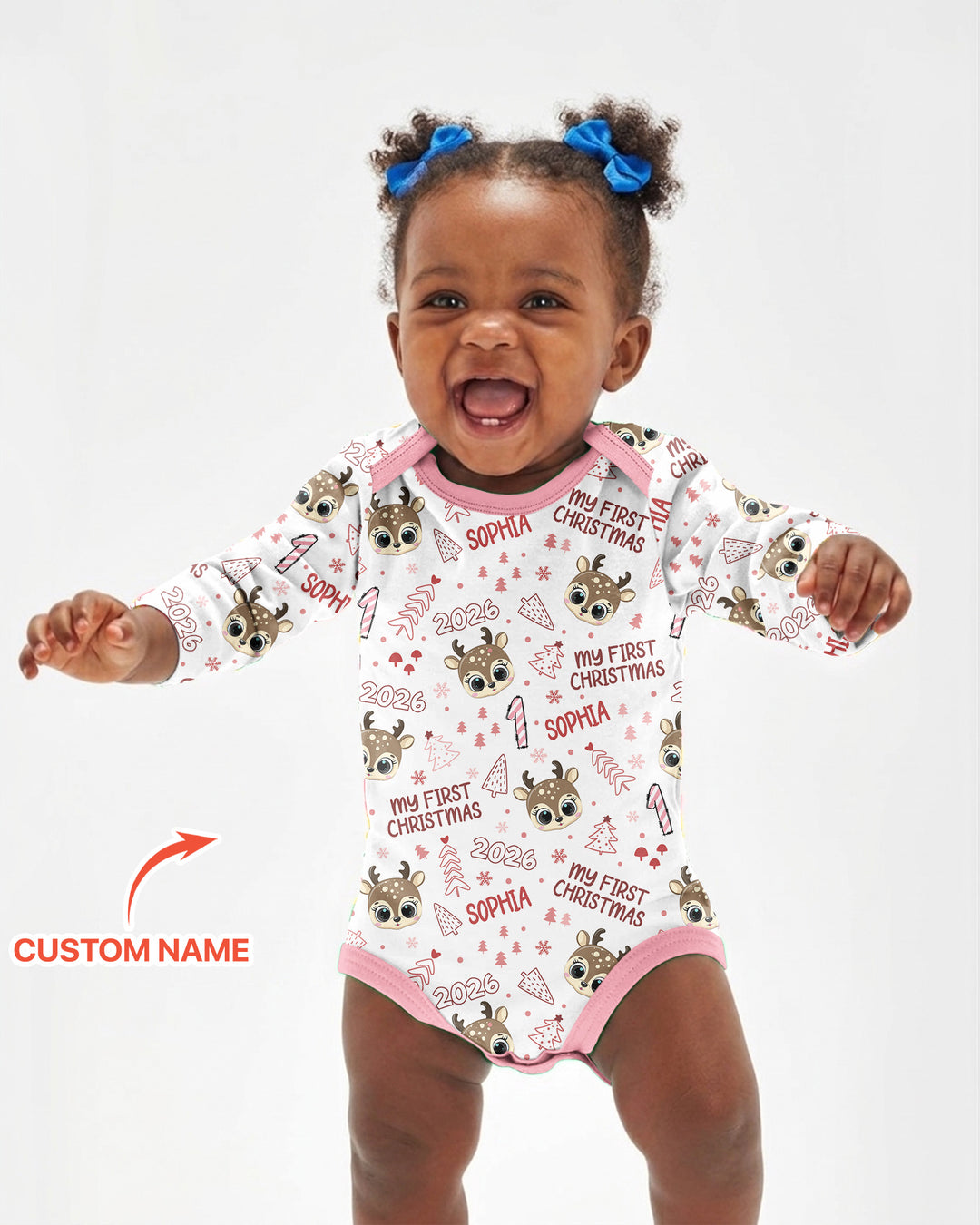 Custom Name Cute Reindeer My First Christmas Bamboo Bodysuit