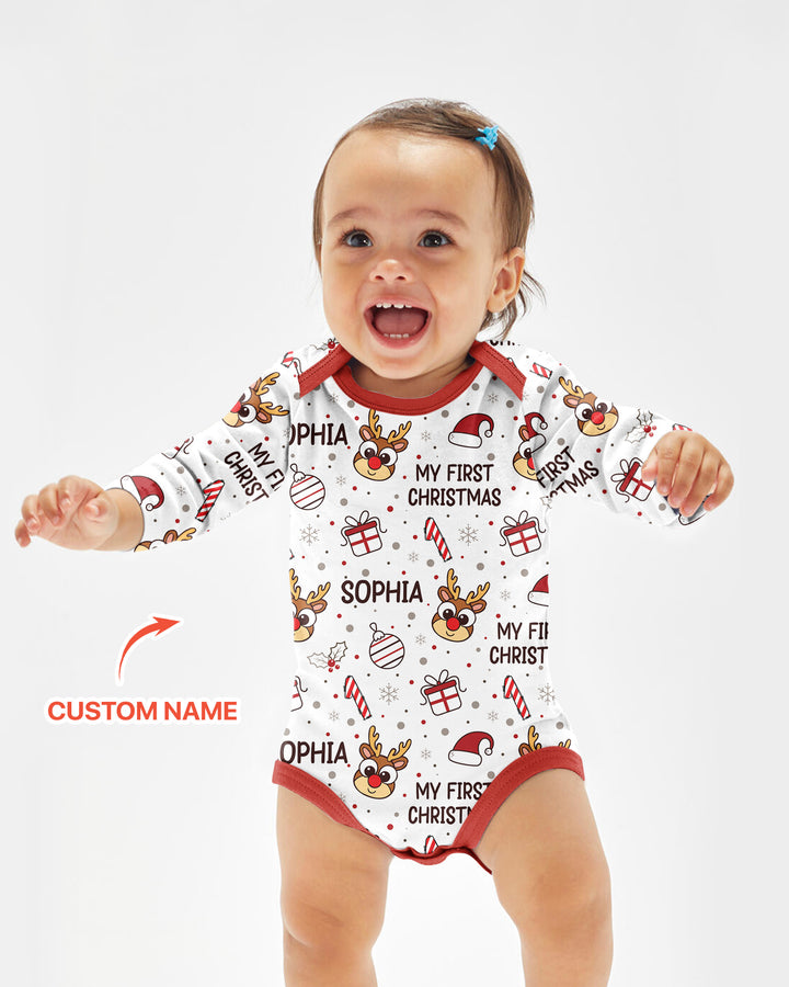 Custom Name Reindeer Doodle My First Christmas Bamboo Bodysuit
