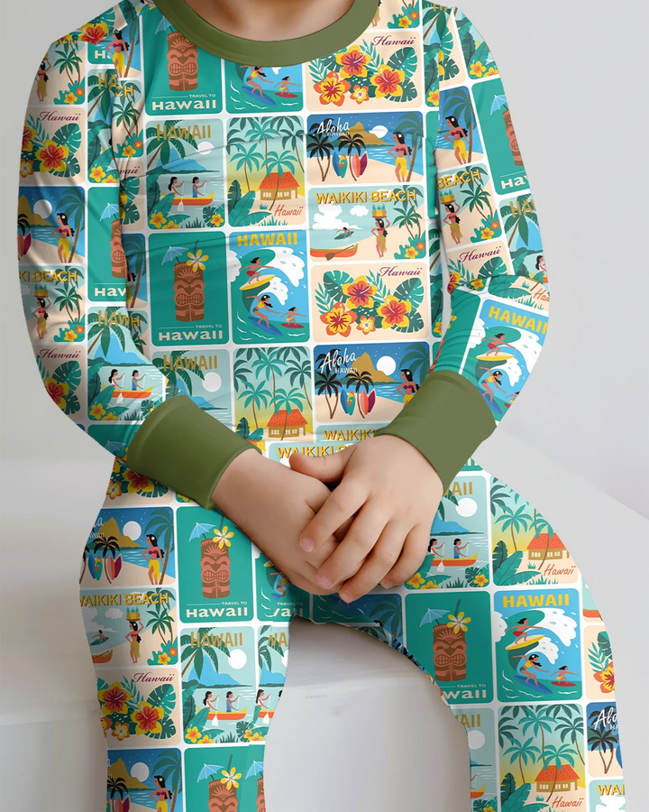 Aloha Postcard Paradise Bamboo Two Piece Long Sleeve Pajama Set