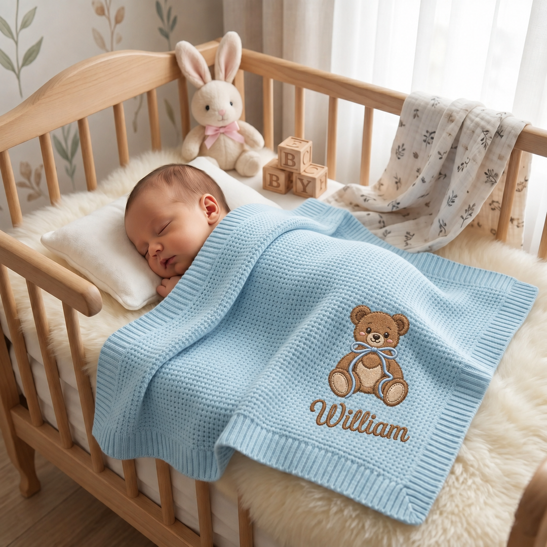 Honey Bear Embroidered Baby Cotton Blanket