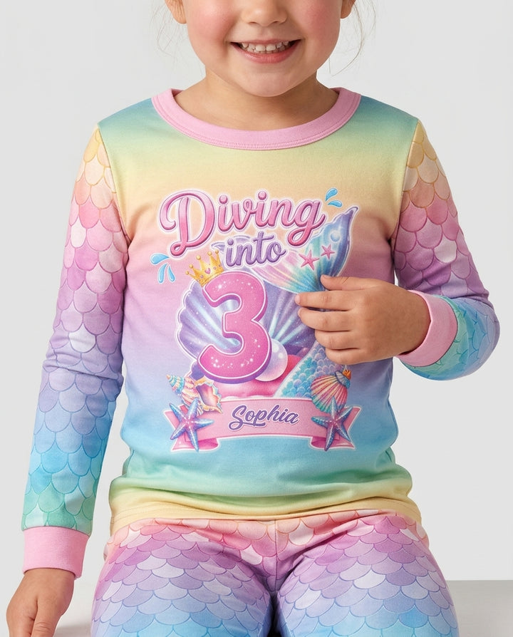 Mermaid Birthday Custom Name & Age Bamboo Two Piece Long Sleeve Pajama Set