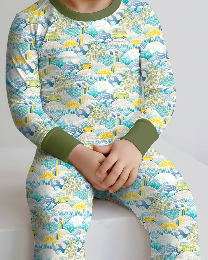 Coastal Road Trip Waves Surf Bamboo Two Piece Long Sleeve Pajama Set
