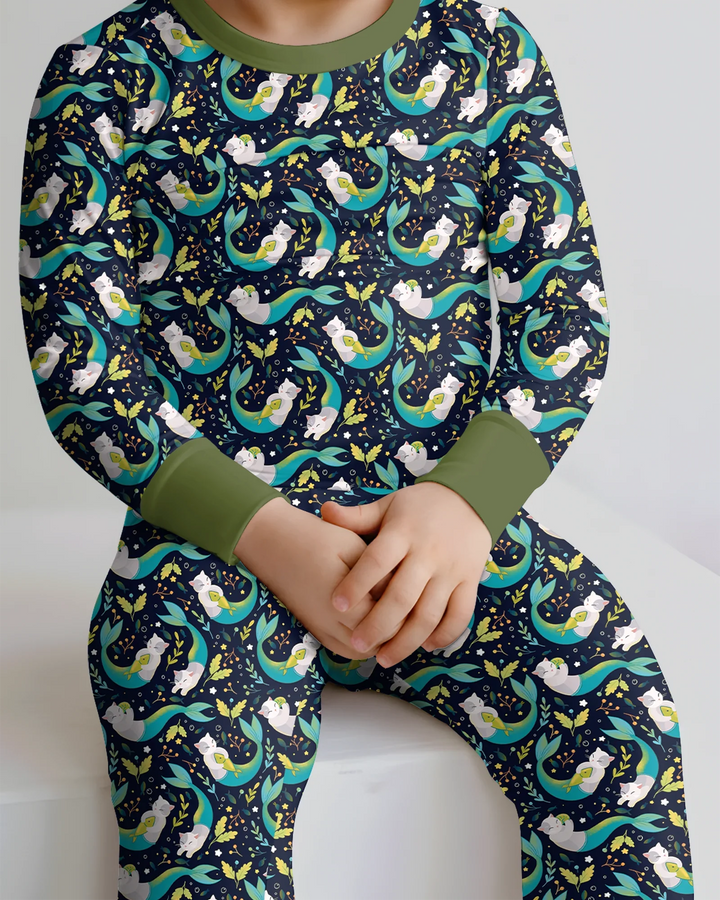Midnight Mermaid Cats Bamboo Two Piece Long Sleeve Pajama Set