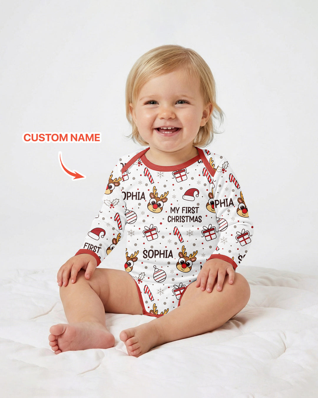 Custom Name Reindeer Doodle My First Christmas Bamboo Bodysuit
