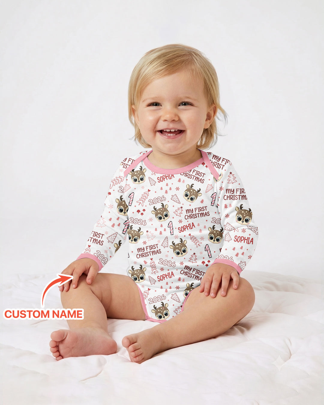 Custom Name Cute Reindeer My First Christmas Bamboo Bodysuit