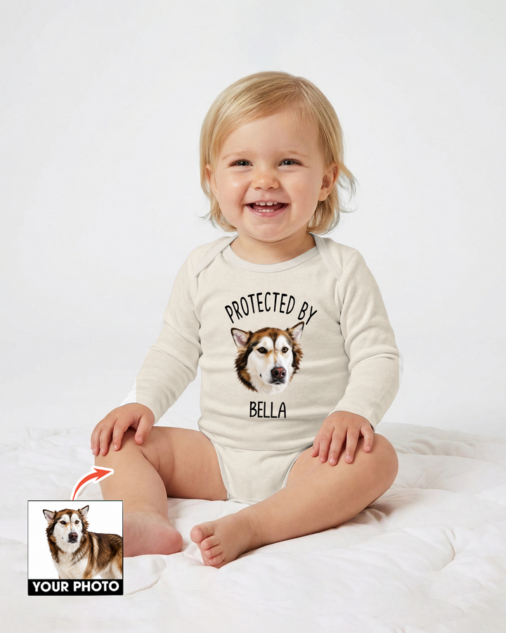 Custom Art Illustration Protected by Pet Portrait Baby Bodysuit: Personalized Dog & Cat Onesie
