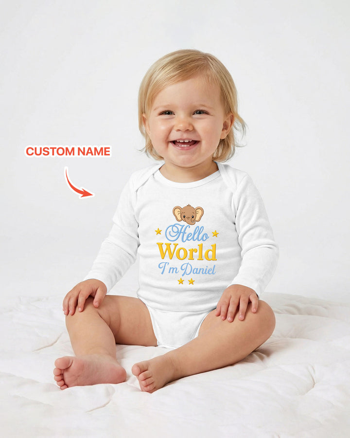 Hello World Elephant, Personalized Custom Baby Onesie, Gift For Babies