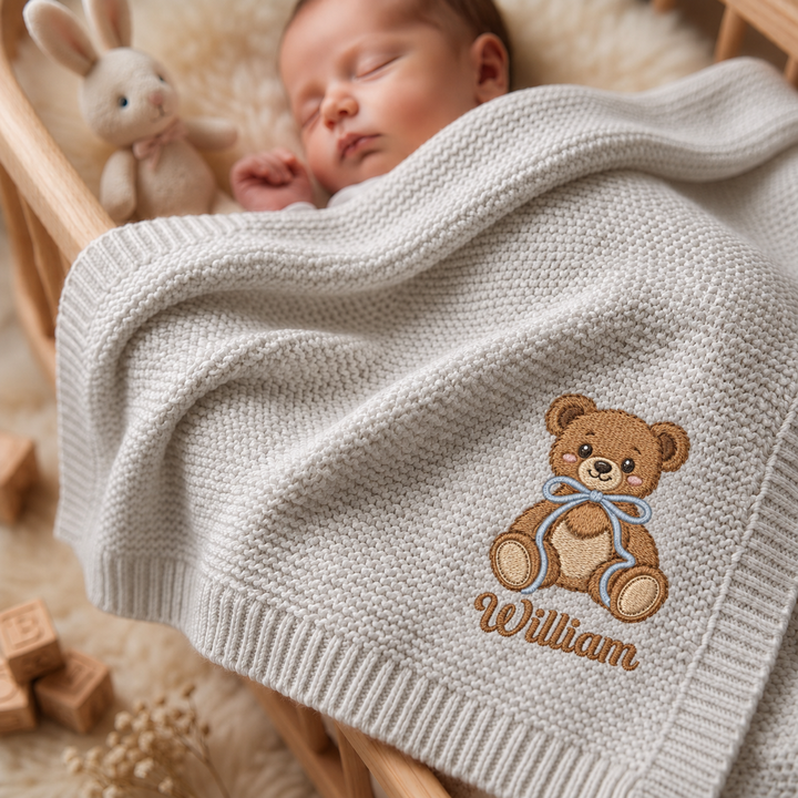 Honey Bear Embroidered Baby Cotton Blanket