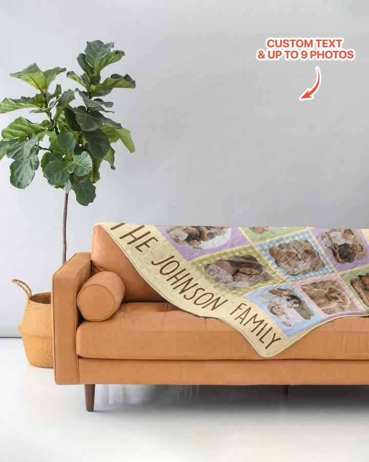 Custom Photo Gingham Family Bamboo Quilt Blanket
