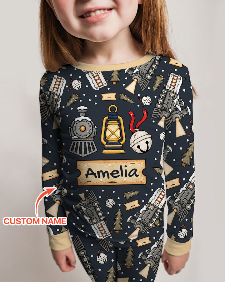 Custom Name Believe Kid Train Bamboo Two Piece Long Sleeve Pajama Set