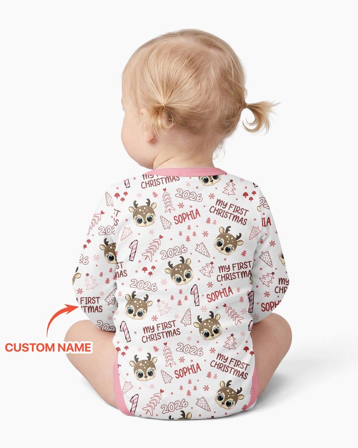Custom Name Cute Reindeer My First Christmas Bamboo Bodysuit