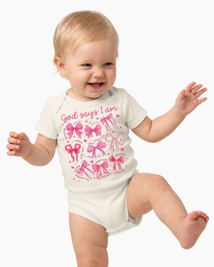 God Says I Am Scripture Baby Girl Bamboo Bodysuit
