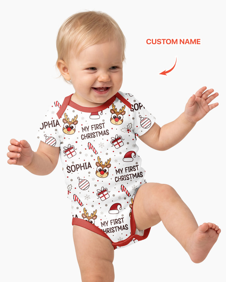 Custom Name Reindeer Doodle My First Christmas Bamboo Bodysuit