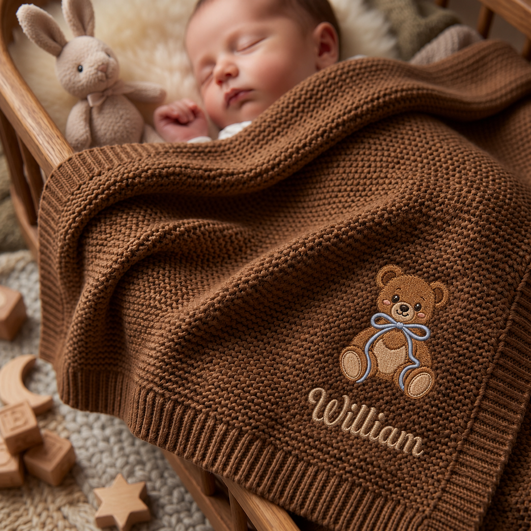 Honey Bear Embroidered Baby Cotton Blanket