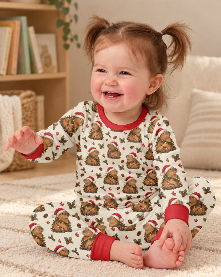 Cozy Christmas Capybara Bamboo Two Piece Long Sleeve Pajama Set