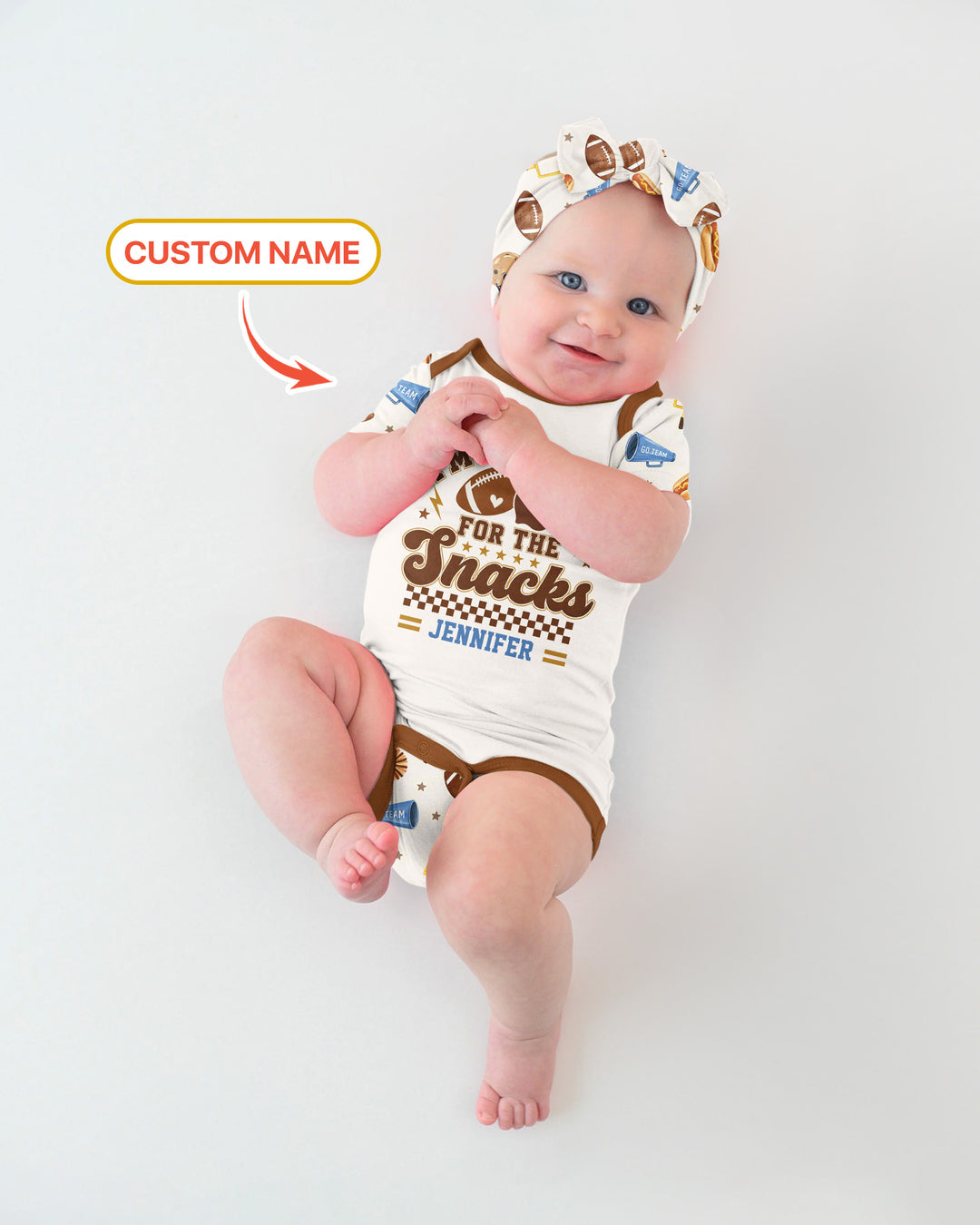 Custom Name Football I'm Just Here For The Snacks Bamboo Bodysuit