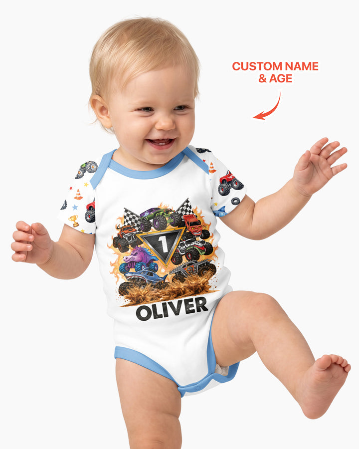 Personalized Monster Trucks Birthday Boy Bamboo Bodysuit