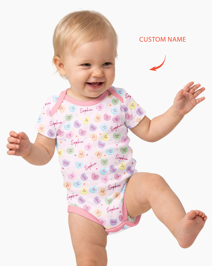Custom Name Colorful Candy Hearts Family Matching Bamboo Bodysuit