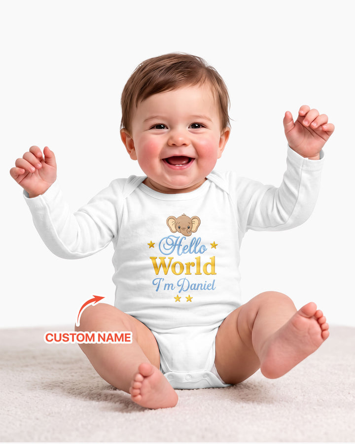 Hello World Elephant, Personalized Custom Baby Onesie, Gift For Babies