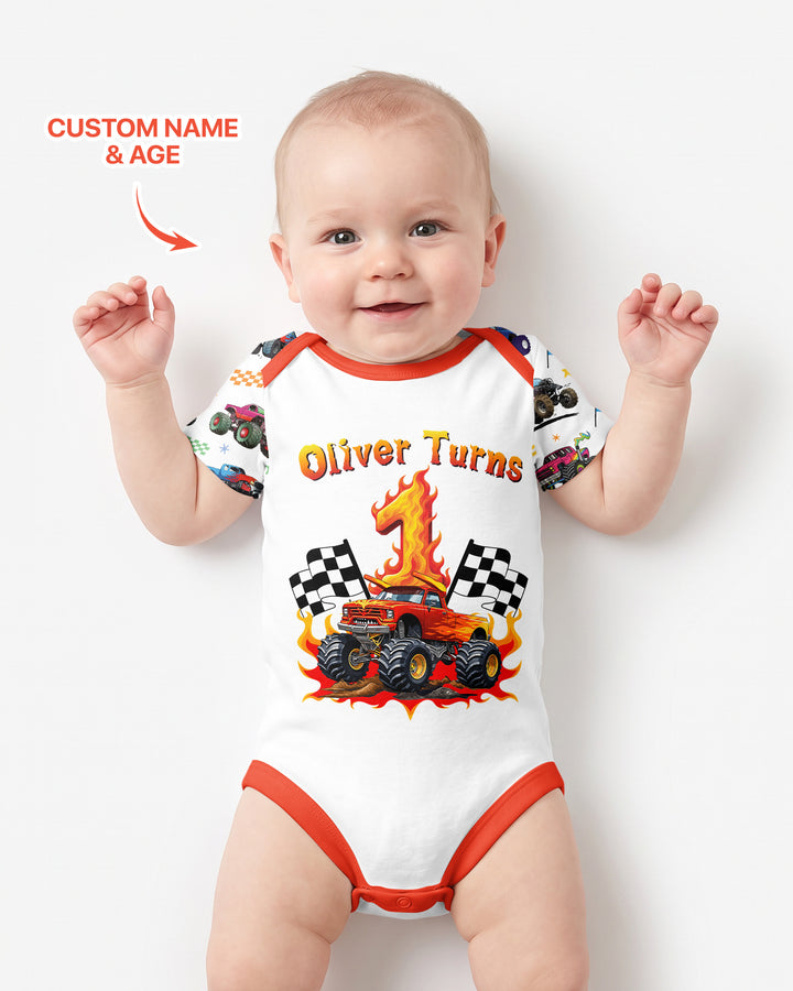 Monster Truck Birthday Boy Custom Name Bamboo Bodysuit