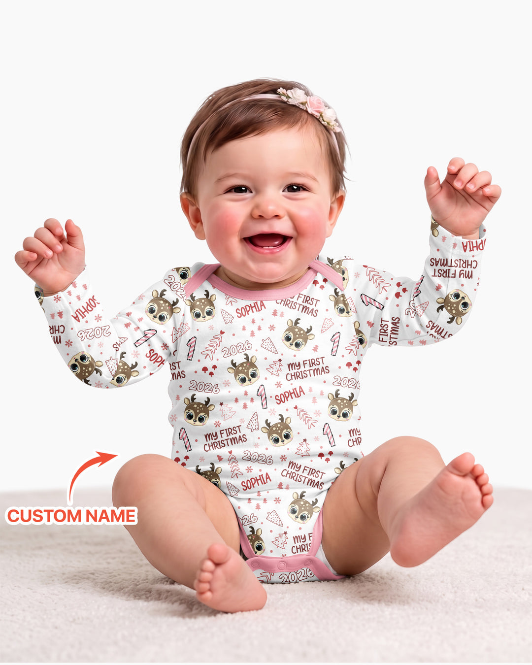 Custom Name Cute Reindeer My First Christmas Bamboo Bodysuit