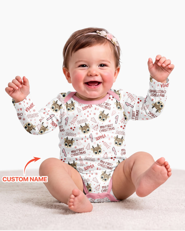 Custom Name Cute Reindeer My First Christmas Bamboo Bodysuit