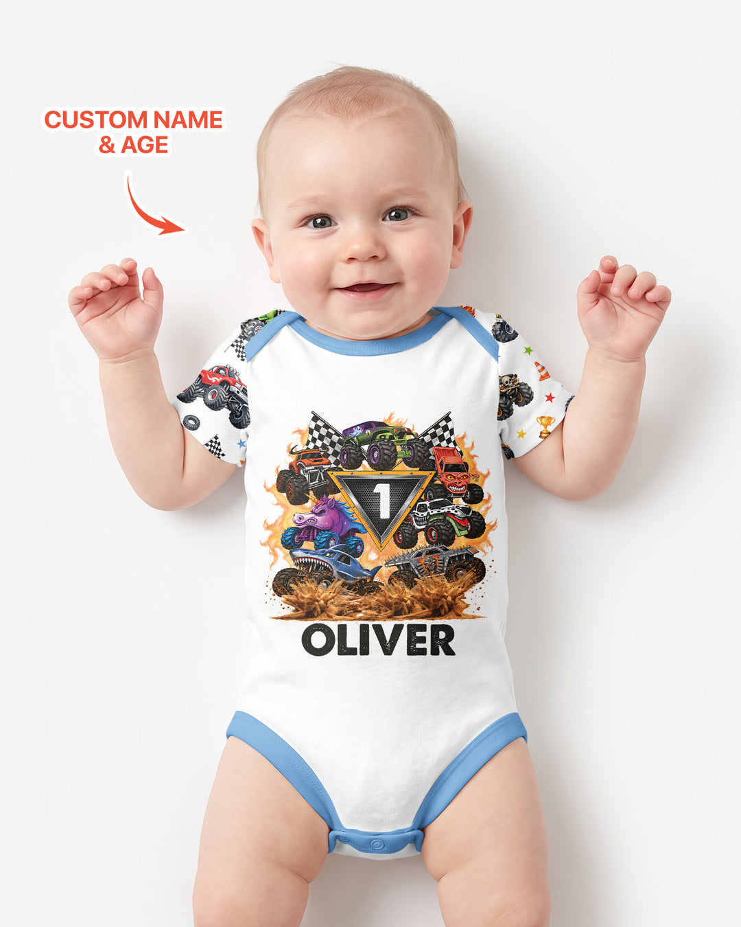 Personalized Monster Trucks Birthday Boy Bamboo Bodysuit