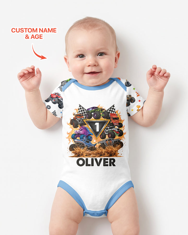 Personalized Monster Trucks Birthday Boy Bamboo Bodysuit
