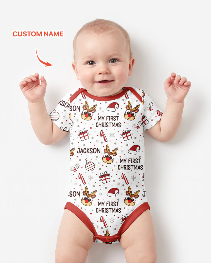 Custom Name Reindeer Doodle My First Christmas Bamboo Bodysuit