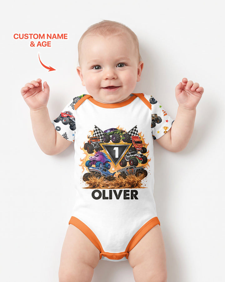 Personalized Monster Trucks Birthday Boy Bamboo Bodysuit