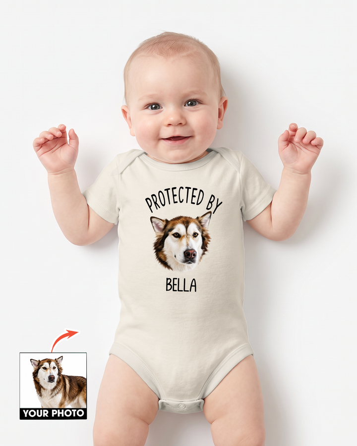 Custom Art Illustration Protected by Pet Portrait Baby Bodysuit: Personalized Dog & Cat Onesie